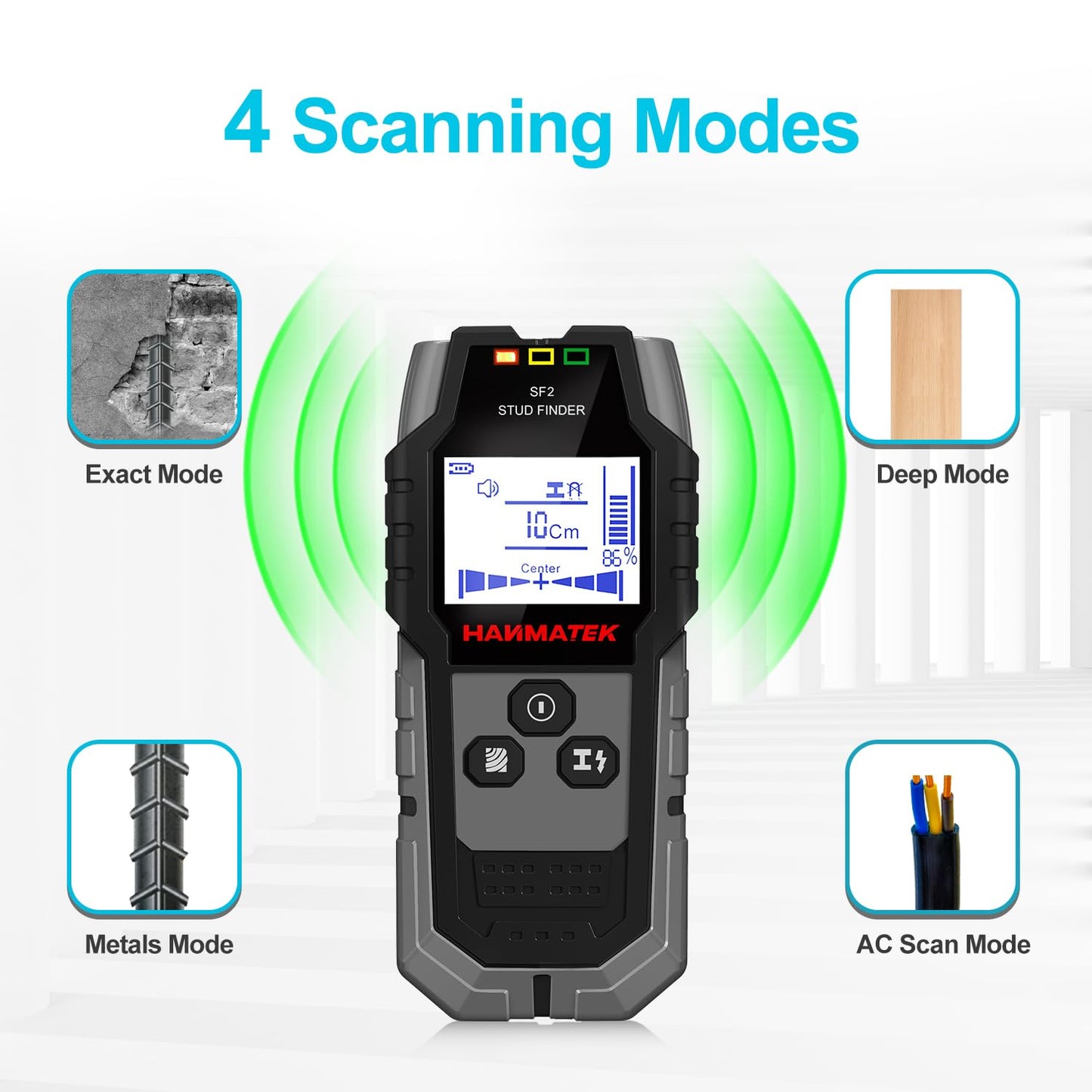 HANMATEK Stud Finder Wall Scanner - 5 in 1 Electronic Wall Wood Stud Finder,Audio Alarm and HD LCD Display with Updated Positioning Hole for Center and Edge of Wood AC Wire Metal Studs Joist Pipe