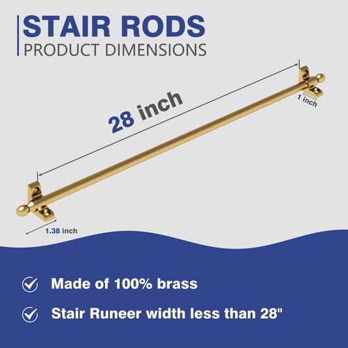 Solid Brass Stair Rods for Carpet Runners Set of 1, Gold Stair Runner Rods for Fixed Stair Carpet, 28 inch Oval Finial Carpet Runner Rods