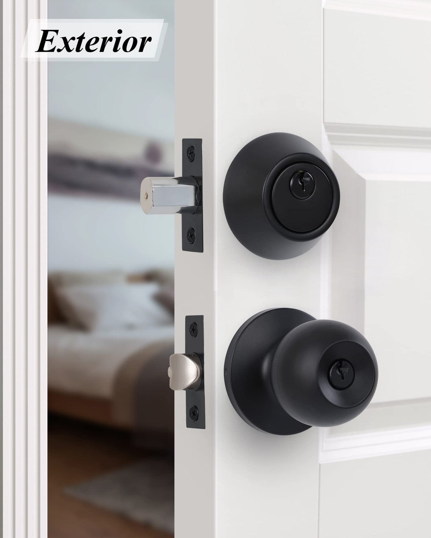 Lanwandeng (2 Sets) All Keyed Same Entry Knobs&Single Cylinder Deadbolt for Exterior Front Doors, Matte Black Finish Entry Door Lock with Same Keys