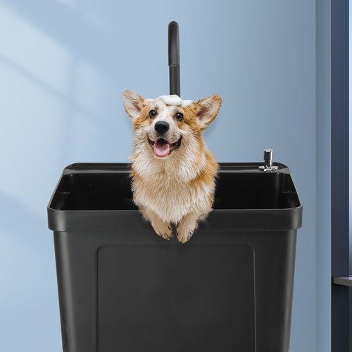 ROVSUN 21-Gallon Plastic Utility Sink, Freestanding Sink with Hot&Cold Faucet, Soap Dispenser, Drain Plug and Iron Legs, Perfect for Laundry Room, Garage, Black 19.7L"×18.9W"×33.1H"