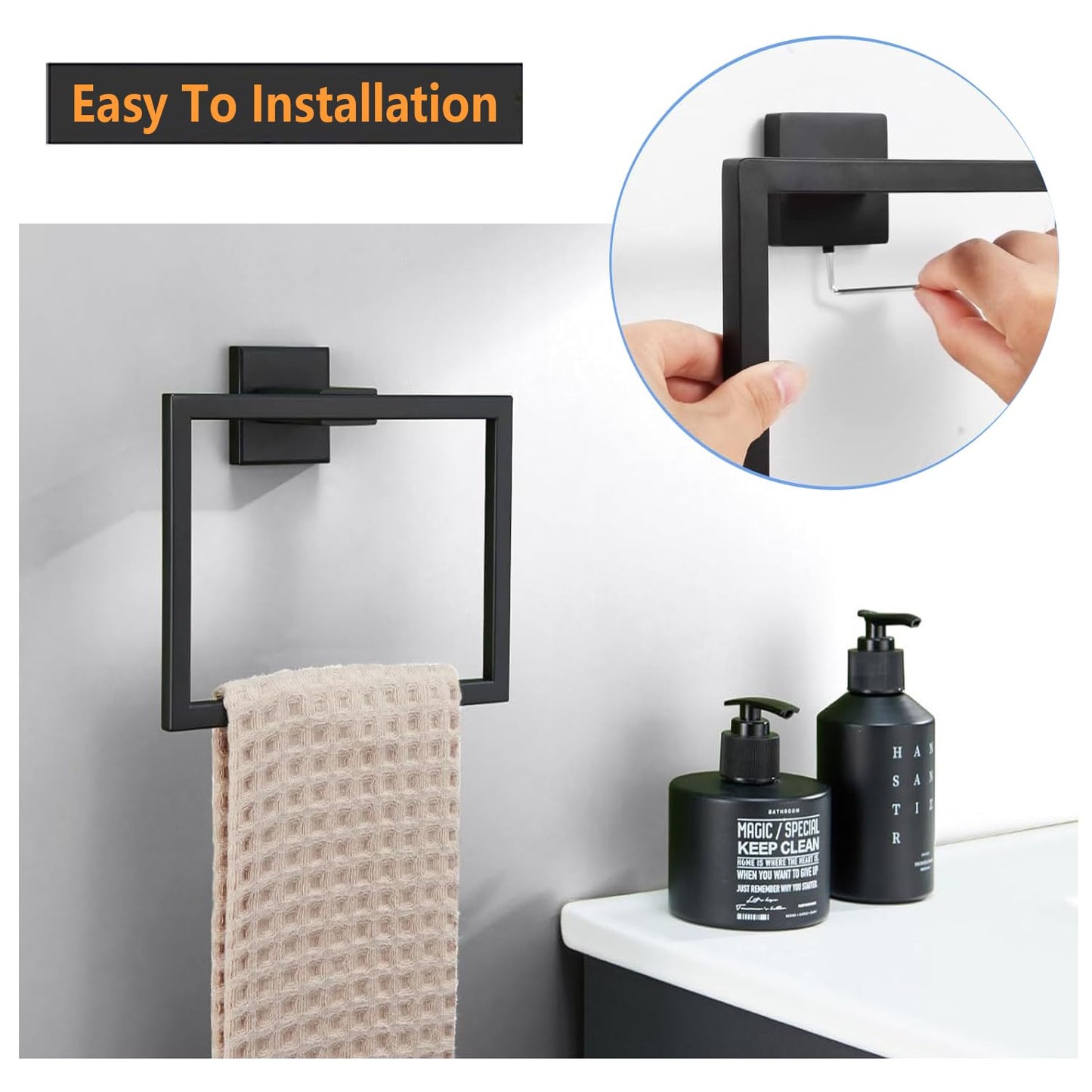 JOPOFI Towel Ring - Thicken Stainless Steel Towel Holder, Towel Racks for Bathroom, Square Modern Design Hand Towel Holder, Contemporary Hand Towel Bar - Matte Black