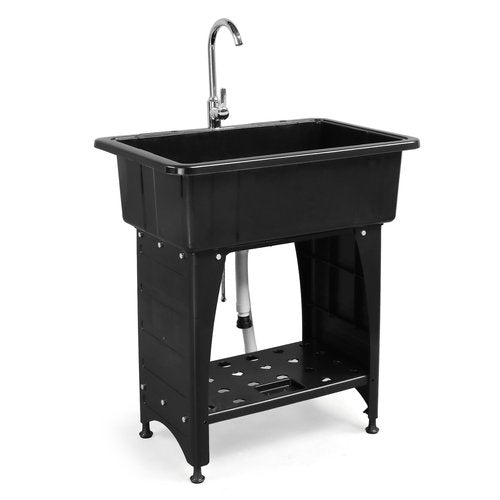ROVSUN 20-Gallon Black Plastic Utility Sink with Hot & Cold Faucet, 150lbs Load Capacity, Upgraded Height & Version, Use for Laundry Room, Garage, Garden, Basement, 32.3’’L×22.4’’W×36.2’’H
