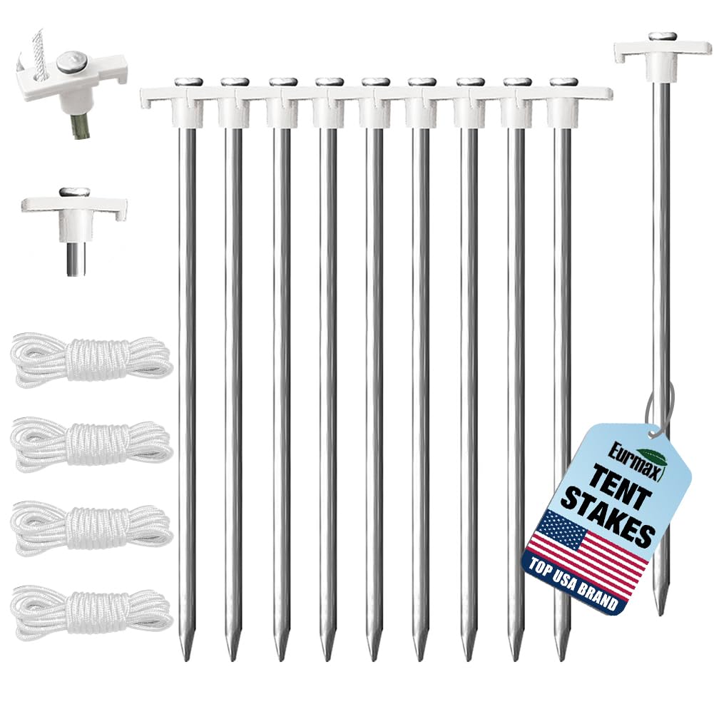 Eurmax USA 10-Pack Secure Protection Galvanized Tent Stakes,Rust-Proof Steel Canopy Anchors for High Winds,Heavy Duty Commercial Ground Pegs for Camping,Pop Up Tents&Gazebos - Includes 4x10ft Ropes