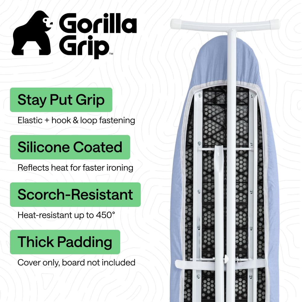 GORILLA GRIP The Original Ironing Board Cover and Pad, Silicone Coating, 400°F Scorch Resistant Thick Padding, Heavy Duty Iron Covers Standard Boards, Hook and Loop Fastener Strap, Blue 18x49