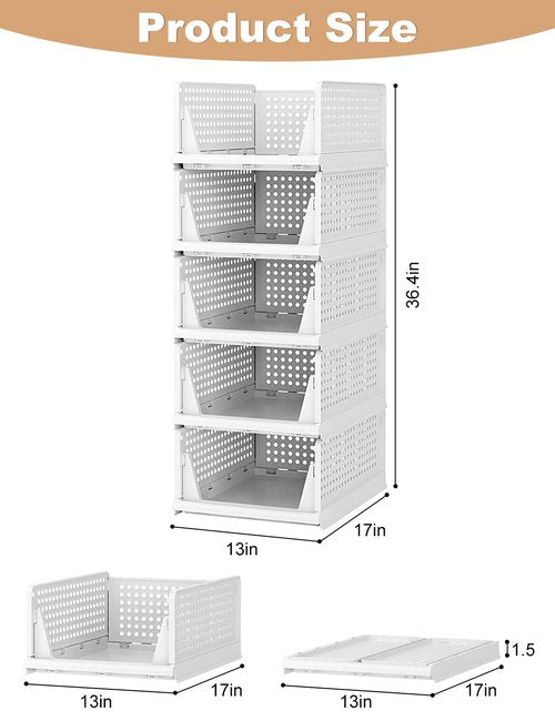5 Pack Closet Organizer System, Stackable Plastic Clothes Storage Basket, Stackable, Foldable Organizers for Wardrobe Clothes Organizer Suitable for Bedrooms Bathrooms Kitchen Living Rooms Office Dorm
