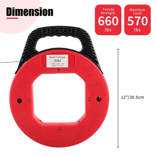 FLKQC 100 Feet (30M) Steel Fish Tape in Red Plastic Housing Retractable Wire Fish Tape Reel Pulling for Heavy Duty Pulls, Short Runs and Conduit Measuring