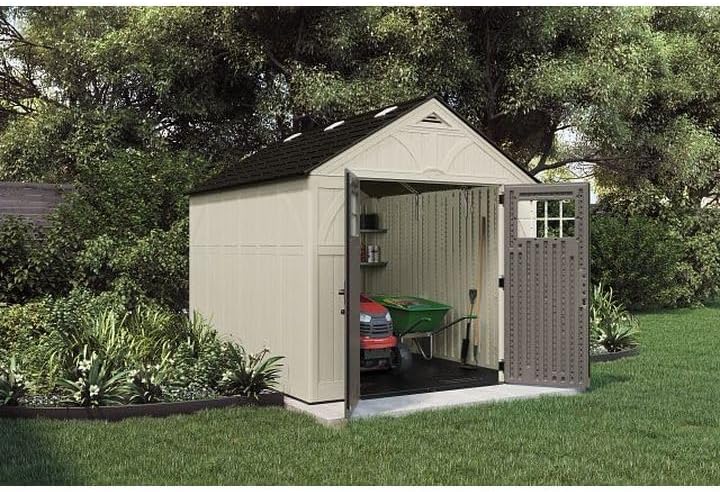 Suncast 8’x10’ Tremont Resin Shed, Vanilla & Slate – Backyard Storage Unit with Skylights, Corner Shelves, Reinforced Floor & Double Doors – Store Lawn Mower, Garden Equipment & Outdoor Tools