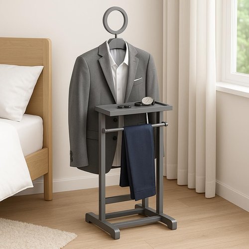 Ergode Carson Valet Stand, Compact Organizer for Clothing and Accessories, Wooden Suit Rack with Hanger, Tray, and Trouser Bar, Ideal for Bedroom, Closet, Office, or Dressing Area