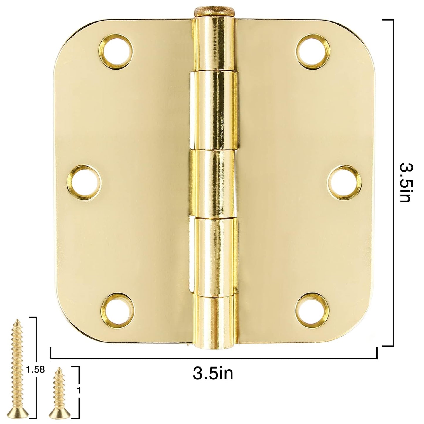 3 Pack Rounded Door Hinges 3-1/2" x 3.5 inch, 5/8 Radius, Polished Brass 3 ½ Inch Gold House Interior Hinge for Bed/Living/Guest/Pantry/Storage/Study/Work Room Doors Heavy Duty Steel Hardware Kit