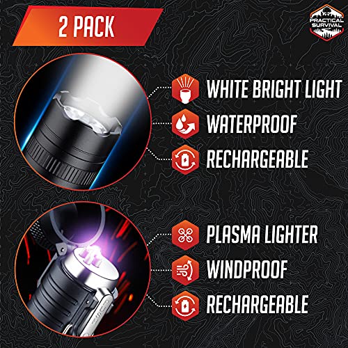LED Emergency Tactical Flashlight Plasma Lighter Combo, 2-Pack, Water Resistant, Wind Resistant, Rechargeable, Compact, 2-in-1 Tool, Tactical Black