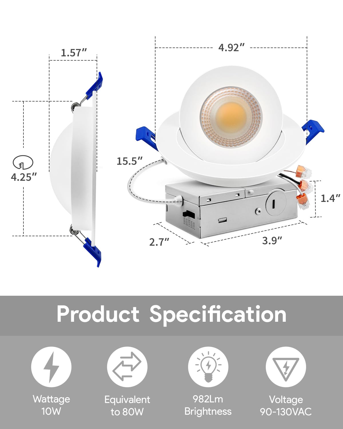 Adetu 4 inch 5CCT Gimbal Led Recessed Lights, 360°+90° Adjustable Directional Recessed Lighting, 2700K/3000K/3500K/4000K/5000K Dimmable Retrofit Eyeball Can Lights with Jbox, ETL(White, 6 Pack)