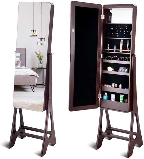 LED Mirrored Jewelry Cabinet Organizer, Wooden Bedroom Bathroom Floor Mirror Stand, Ring Slots, Lipstick Holders, Full-Length Mirror, Jewelry Cabinet Storage with Inner Mirror & 4 Storage Shelves
