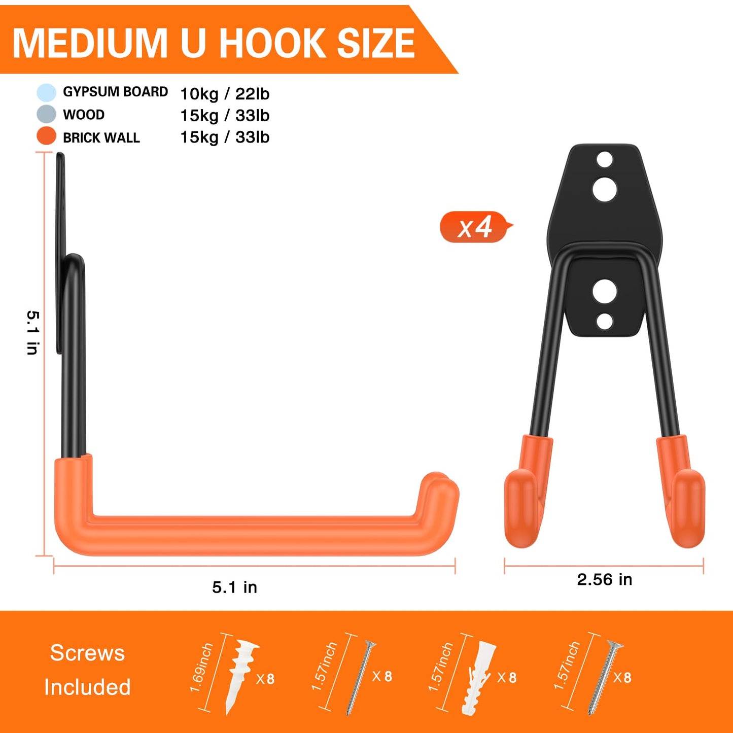 HUPBIPY Heavy Duty Garage Hooks 4 Pack, 5.1 inch Medium U Shaped Hanger, Wall Mounted Storage System, Power and Garden Tool Organizer, for Hanging Ladders, Hose, Bulk Items and More