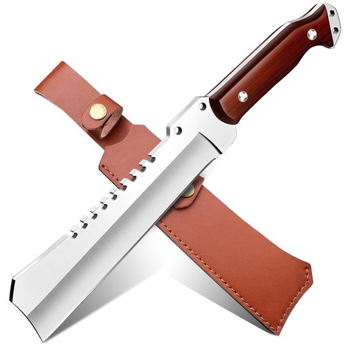 Heavy Duty Machete Knife with Sheath, 0.22’’ 5CR15MOV Stainless Steel Blade Spine & Wood Handle, Full Tang Survival Machete for Cutting Trees Heavy Duty, Gardening Machetes for Yard Work, Gift for Men