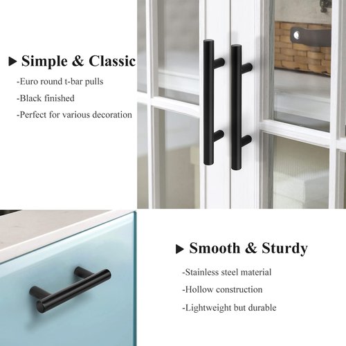 Probrico (5 Pack 5 Inch Hole Centers Flat Black Modern Cabinet Hardware Cupboard Pull Kitchen Cabinet T Bar Handle Dresser Pulls Stainless Steel Cabinet Hardware, 7-1/2 Total Length