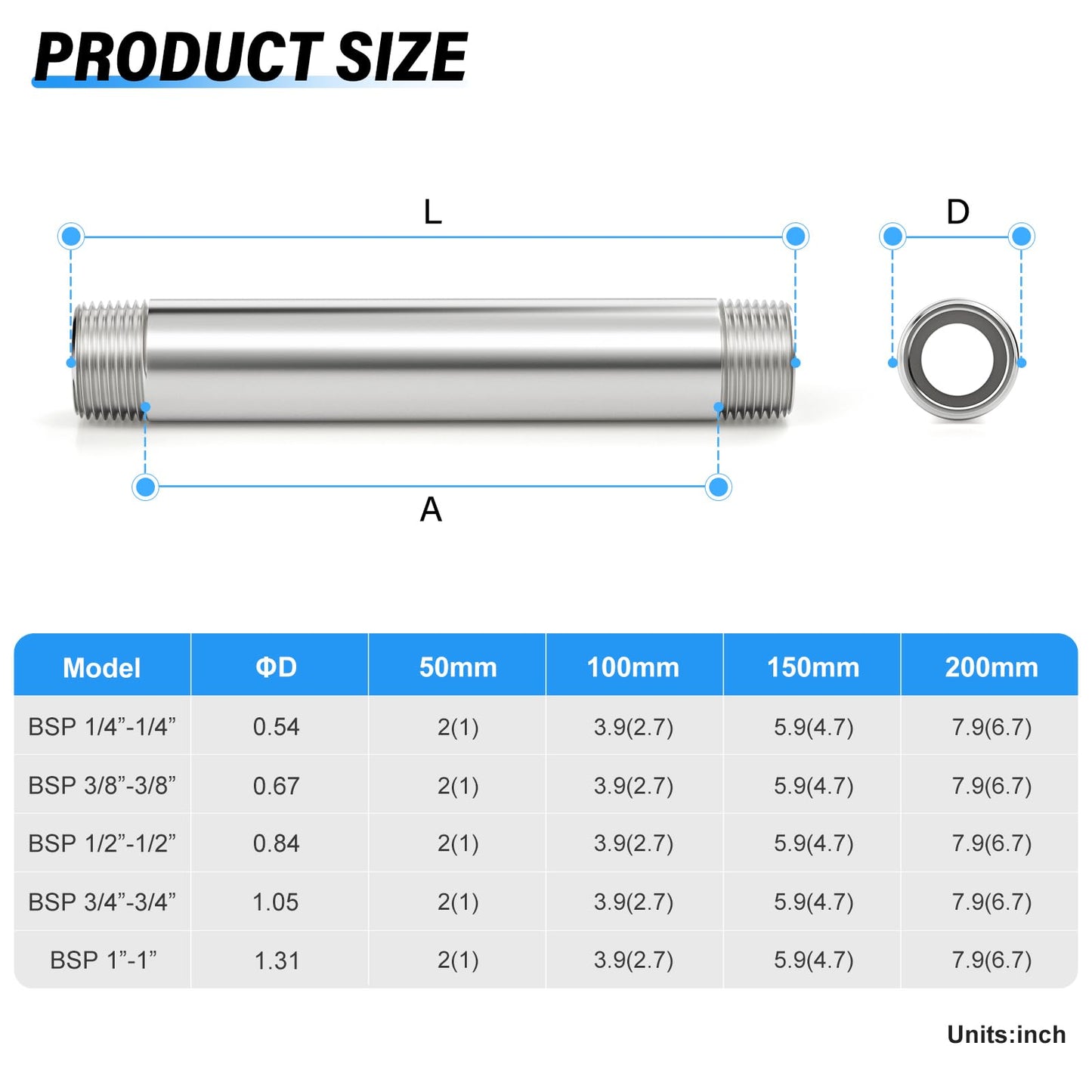 TAILONZ PNEUMATIC 1/4" BSP Male x 1/4" BSP Male 304 Stainless Steel Pipe Nipple, 4" Length Cast Pipe Fitting, Threaded Connector（Pack of 3）