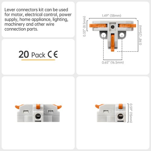 GKEEMARS 20Pcs 3 Way T Tap Wire Connectors, Quick Wire Splitter Push-in Connectors for AWG 24-12 (Orange)