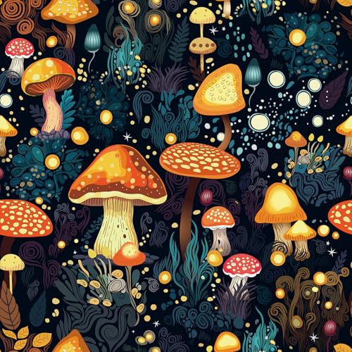 FunStick Gold Dark Blue Mushroom Wallpaper Peel and Stick Boho Woodland Botanical Wall Paper for Bedroom Bathroom Kids Room Wall Mural Colorful Orange Self Adhesive Mushroom Contact Paper for Cabinets