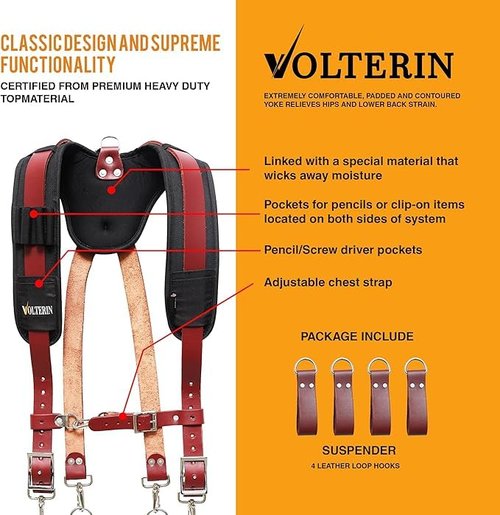 Leather Tool Belt Suspenders for Men – Adjustable Heavy Duty Work Harness with Padded Support for Construction & Electricians (Maroon)