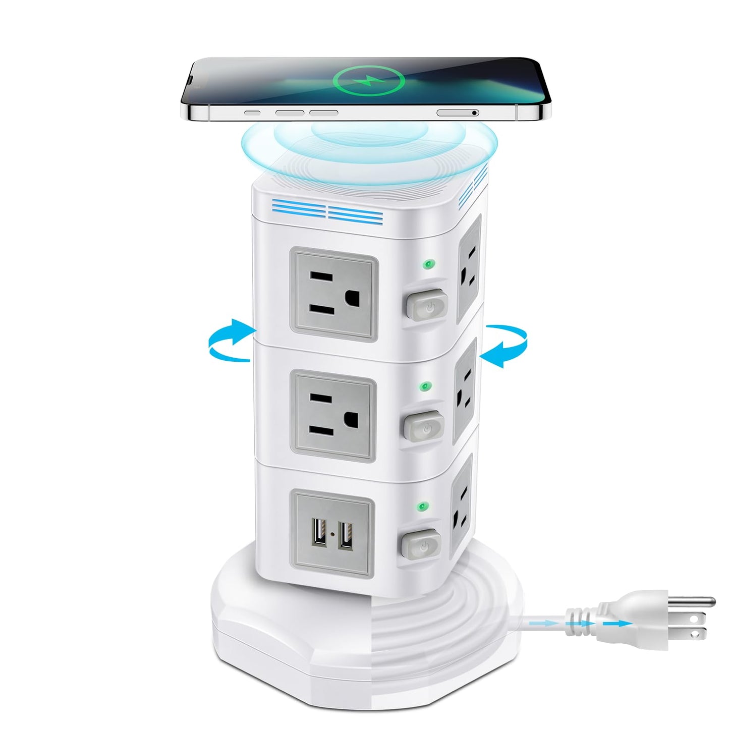 Power Strips Surge Protector 1800J, ODOM Power Strip Tower with 15W Wireless Charger, 13A,4 USB Ports + 10 AC Outlets + 6 Ft Retractable Extension Cord,Plug Outlet Charging Tower for Home Office
