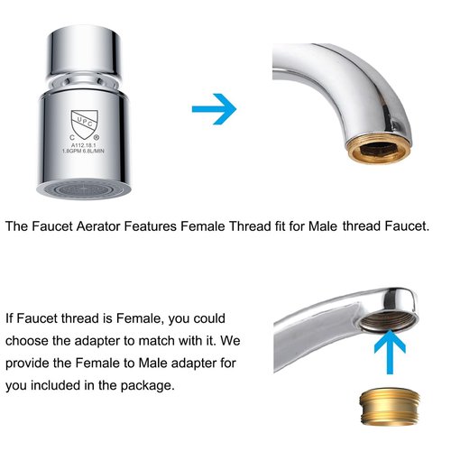 Hibbent NSF/ANSI/CAN 61 Certified Faucet Aerator, CUPC Certification 360° Swivel Kitchen Sink Aerator, Dual-function Sprayer Faucet Head, Faucet Replacement Part 55/64 Inch Female Thread - Chrome