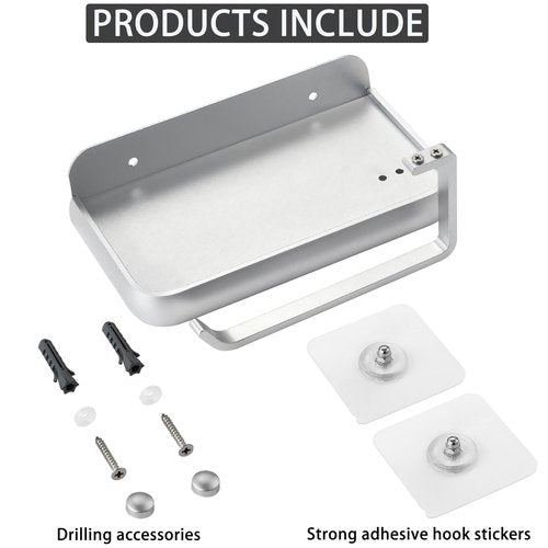 Toilet Paper Holder with Phone Shelf, Adhesive or Screw Wall Mount Toilet Tissue Roll Holder, Rustproof & Multifunctional All Metal Bathroom Storage Dispenser (Silver)