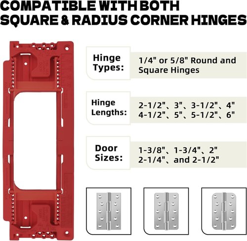 Door Jamb Hinge Jig Compatible with 8 Sizes from 2-1/2" to 6" and 5 Door Thickness from 1-3/8" to 2-1/2", Precise Efficient Hinge Installation (Red)