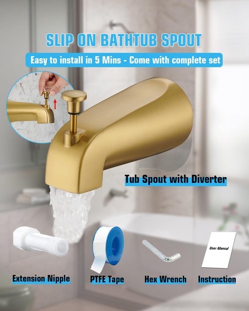 FROPO Tub Spout with Diverter, Slip On Bathtub Spout Fits 1/2'' Copper Tube(5/8'' Dia), Bathroom Tub Faucet with PTFE Tape & Hex Wrench, Brushed Gold