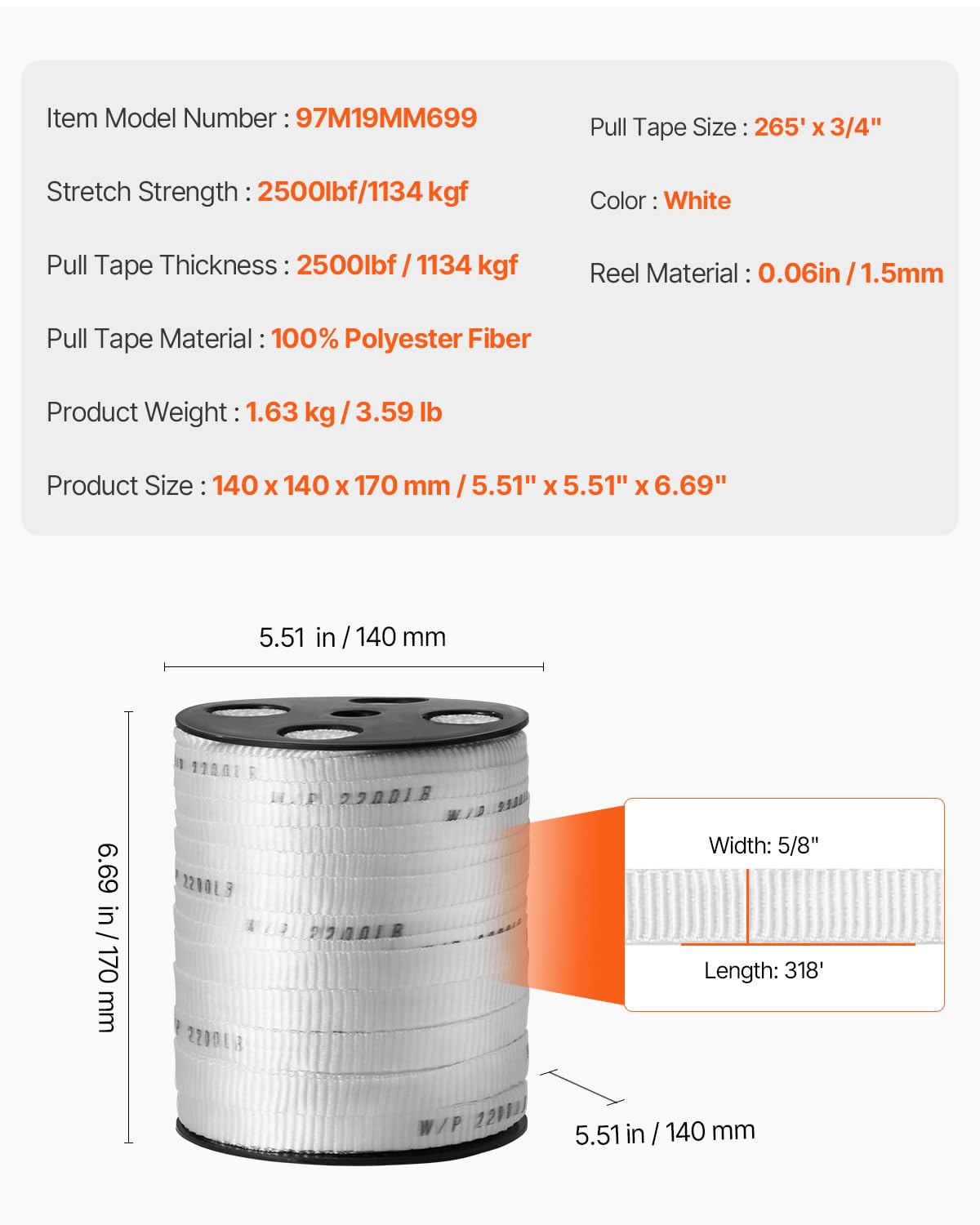 VEVOR Polyester Pull Tape, 2500 lbf Tensile Capacity Polyester Webbing, 3/4" x 265' Cable Pulling Tape, Printed Webbing Mule Tape Flat Rope for Packaging, Commercial Electrical, Gardening