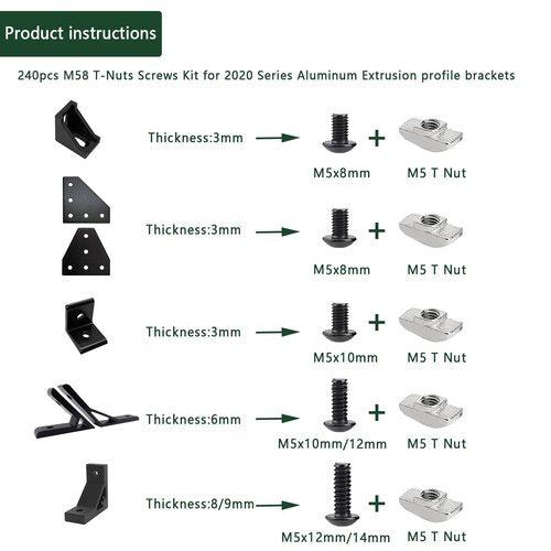 240 pcs M5 T Nut Screws Kit for 2020 2040 2080 Aluminum Extrusion, 120 pcs Black M5x8/10/12/14mm Hexagon Socket Screws and 120 pcs M5 Drop in T-Nuts with 1 pcs Hex Wrench