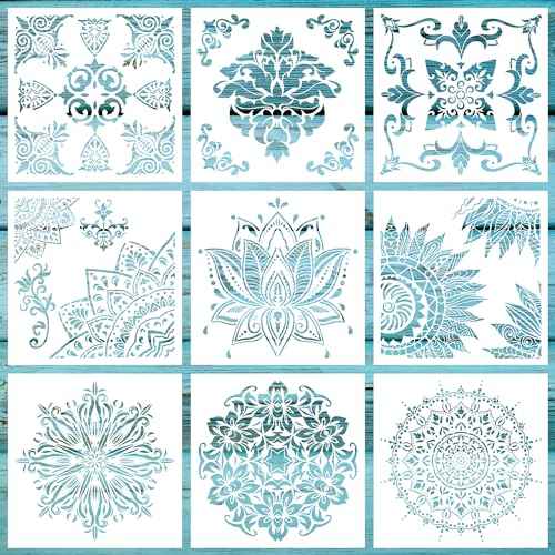 9 Pack 12x12 Inch Large Stencil Reusable Mandala Stencil Laser Cut Painting Template for Floor Wall Tile Fabric Furniture, DIY Art and Craft Stencils