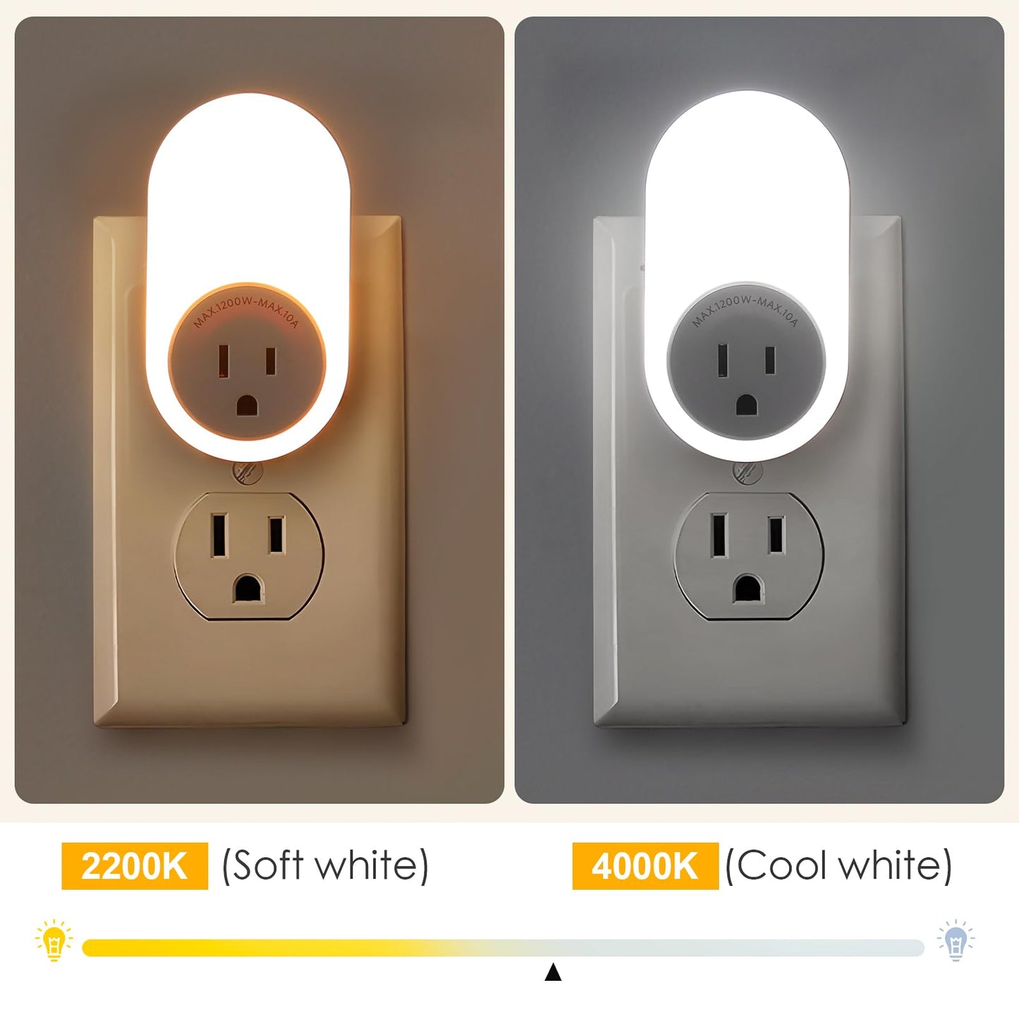 Dawnrise Night Lights Plug Into Wall, Dusk to Dawn Sensor Night Light with Power Outlet, CCT 2200K or 4000K, 5Lm or 20Lm Adjustable Brightness for Bedroom, Kitchen, Living Room, Office, 2PK
