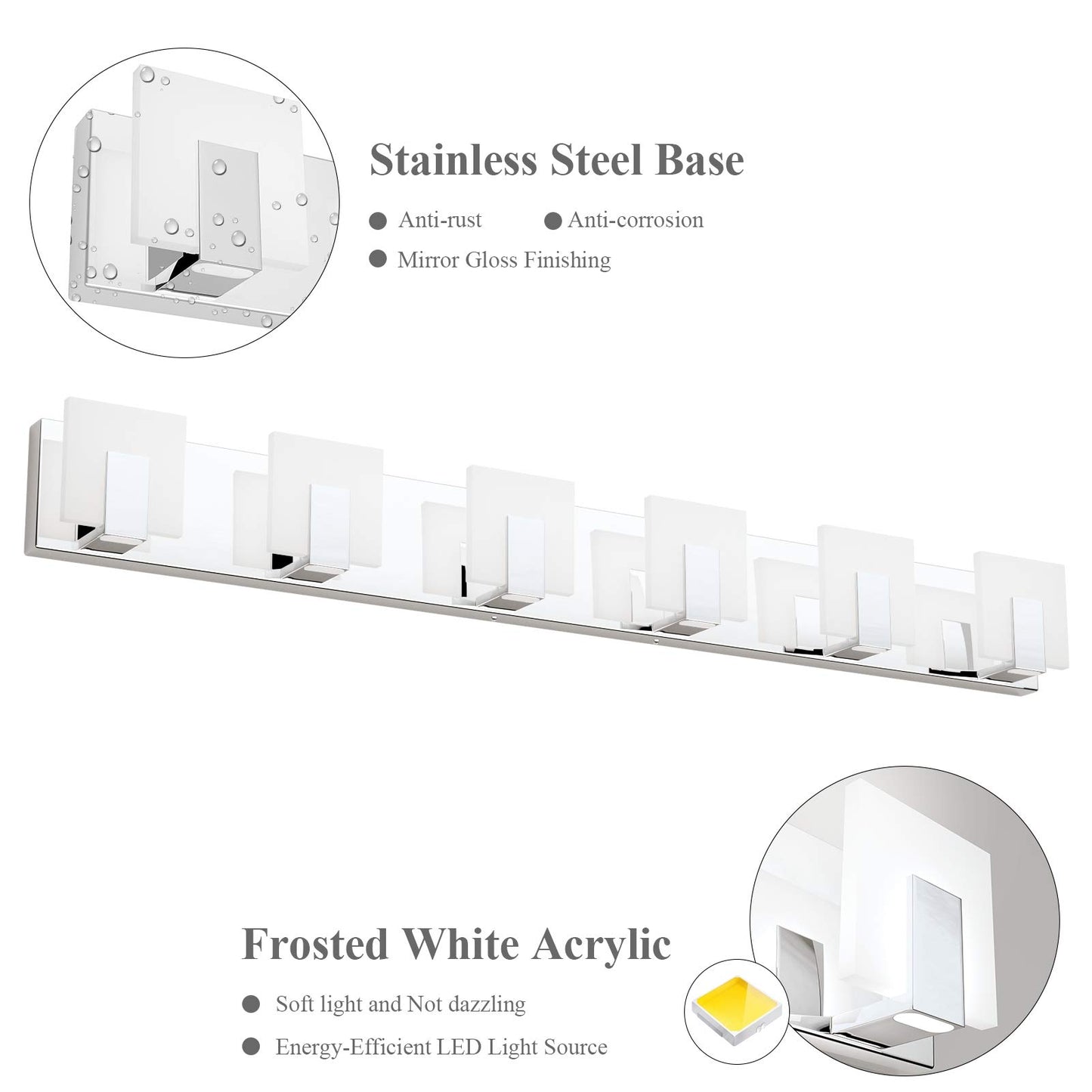 Aipsun 6 Lights Dimmable Modern LED Bathroom Vanity Light Acrylic Stainless Steel Chrome Up and Down Bathroom Wall Light Over Mirror(White Light 6000K)