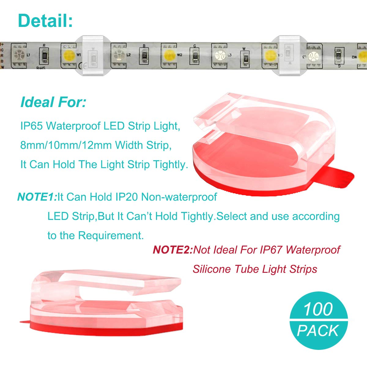 ATB- Clear LED Strip Light Mounting Clips,100 Pack Self-Adhesive Brackets Holders for10mm 12mm Waterproof LED Strips, USB Cable Management Clips for Wires Under 0.12 Inch Diameter, Strong V-HB Tape