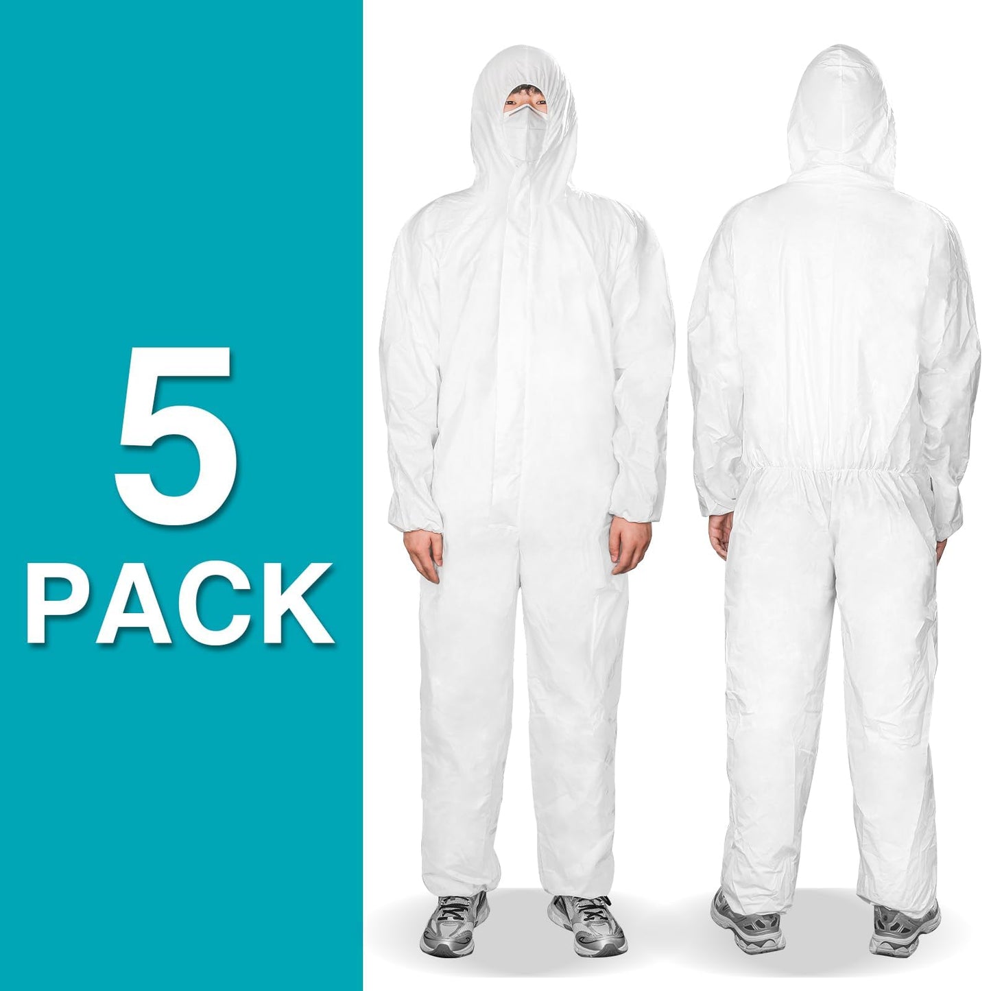 FURWEY Hazmat Suits 5 Pack Disposable Protective Coveralls, Heavy Duty Full Body Painters Suit for Men & Women with Elastic Wrists, Ankles and Hood, Available in 5 sizes-Large