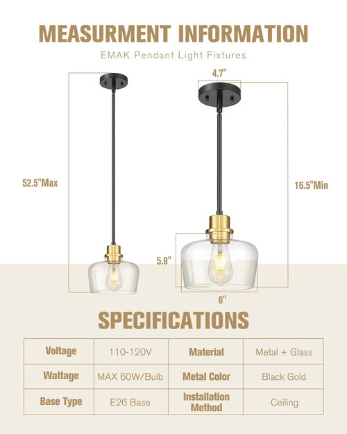 Emak 8 Inch Modern Pendant Lights Kitchen Island, Farmhouse Black and Gold Pendant Light Fixtures with Clear Glass Shade for Kitchen, Bedroom, Dining Room, PL122-BKBGD-CG