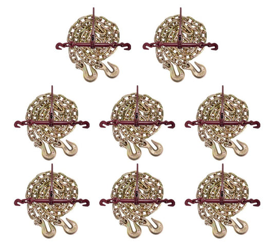 Mytee Products 3/8" Grade 70 Chain and Binder Kit | Includes (8) 3/8" - 1/2" Ratchet Load Binder & (8) 3/8" x 20' G70 Transport Chain w/Grab Hooks | 6600 lbs WLL for Flatbed Truck Trailer Tie Down