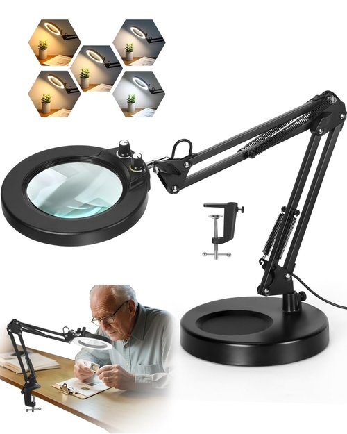 LANCOSC 10X Magnifying Glass with Light and Stand, Switch Knob for Multi-Color Modes Stepless Dimmable, LED Lighted Desk Lamp & Clamp, Hands Free Magnifier for Repair Crafts Hobby Painting Close Work