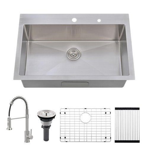 30 Inch Drop In Kitchen Sink with Faucet Combo - SZBAQTM 30"x18"x10" Stainless Steel Topmount Sinks 18 Gauge T304 Single Bowl Kitchen Sink with Pull-Out Faucet