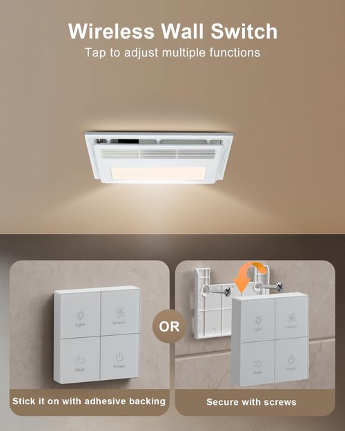 GROWNEER 4 in 1 Bathroom Exhaust Fan with Heater, 110 CFM 1.5 Sones, 35W Bathroom Exhaust Fan with 3-Color Adjustable LED Lights 2700K/3500K/5000K, White (Wireless Wall Switch)