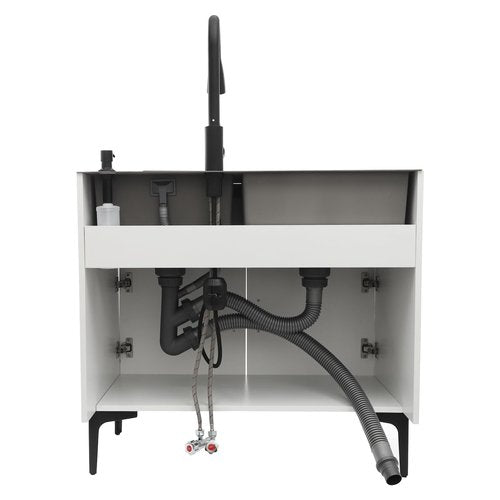 32-Inch Laundry Sink with Cabinet and Pull-Out Sprayer Faucet, Stainless Steel Utility Sink with Soap Dispenser and Drainage Basket, Cabinet with Double Bowl Sink for Laundry Room, Kitchen, Garage