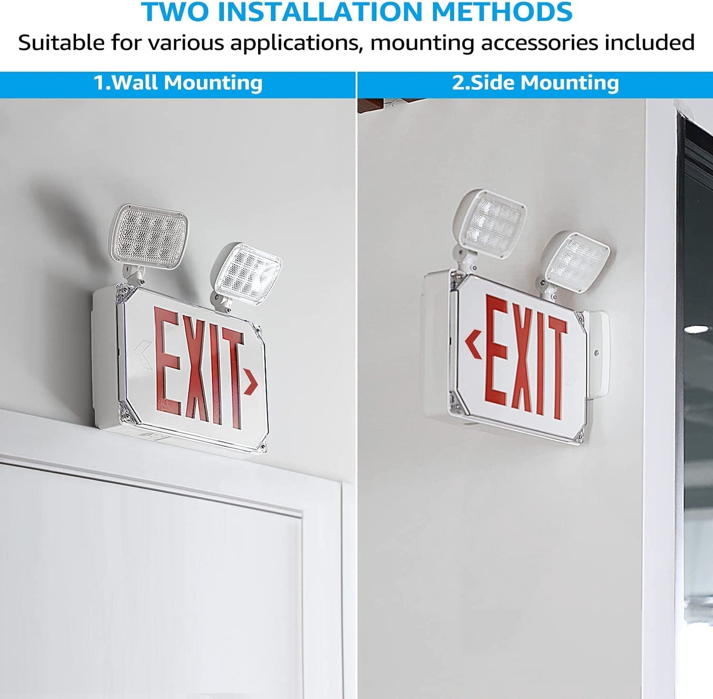 LEONLITE LED Exit Light, Wet Location Exit Sign with Emergency Lights, UL Listed, Outdoor Hardwired Exit with Battery Backup, 2 Dual Heads, Double Face, AC 120/277V, Red