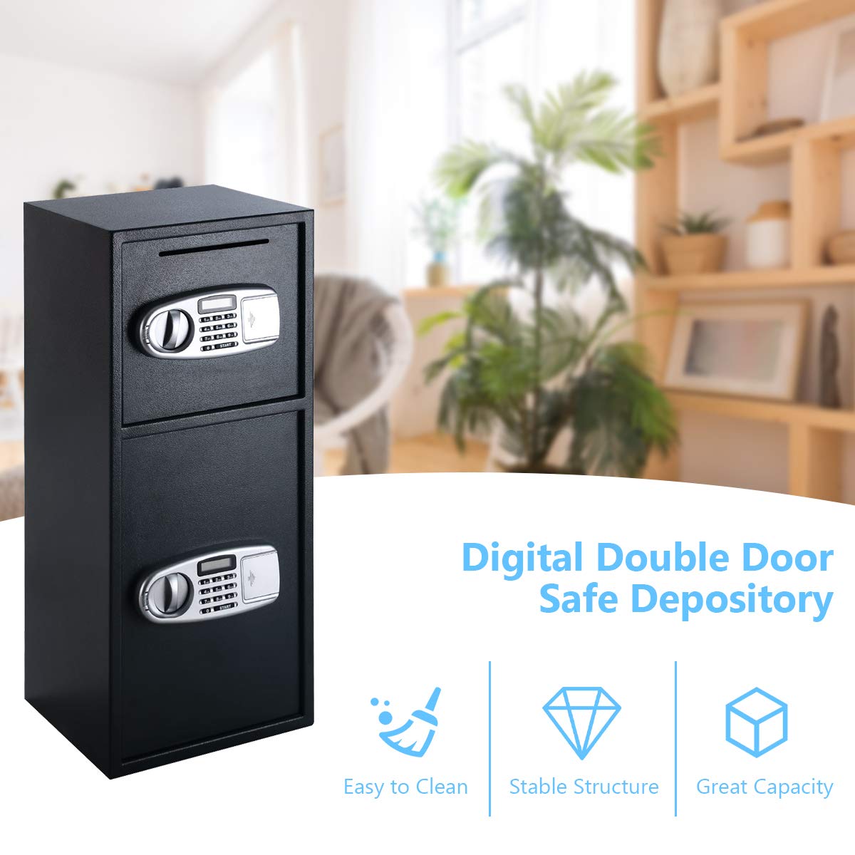 Casart Double Door Safe Box, Digital Safe Depository Drop Box with Keys for Home and Office, Security Lock Box for Gun, Cash and More