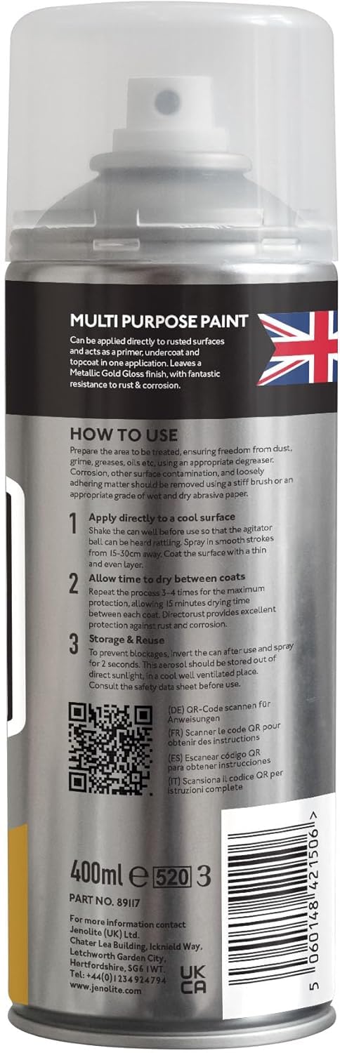 JENOLITE Directorust Spray Paint for Metal - GOLD - Metallic Gloss Finish for Indoor and Outdoor use - Multi-Surface for Metal, Plastic, Ceramic, Wood & Rusted Surfaces - 400ml (13.52fl oz)