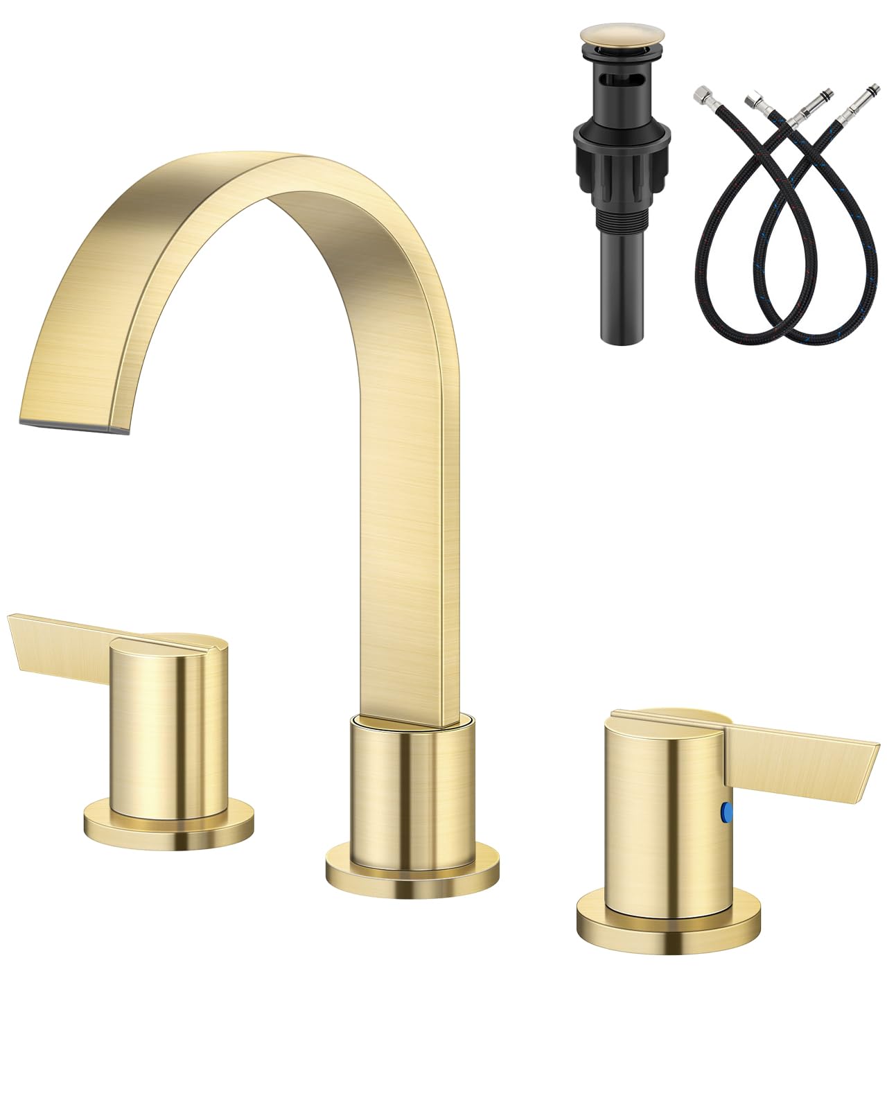 Aolemi 3 Hole Bathroom Faucet, 8 Inch Widespread Waterfall Sink Faucet, 2 Handle Vanity Faucet with Pop Up Drain and Supply Lines, Brushed Gold