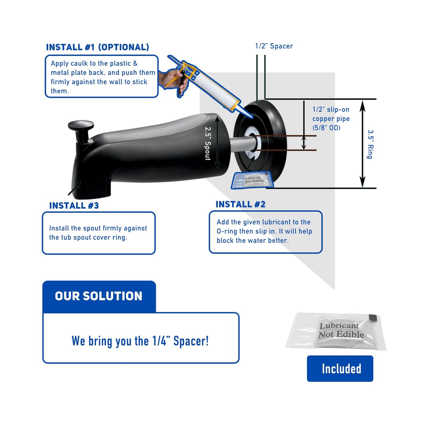 Welvzen 1/2" Thick Spacer for Tub Spout, Flange Trim Ring for Bath Faucet, Eschutcheon Cover Plate for Spigot with Split PVC Blocking Water, Shower Pipe Remodeling Sealer (304SUS-Matte Black)