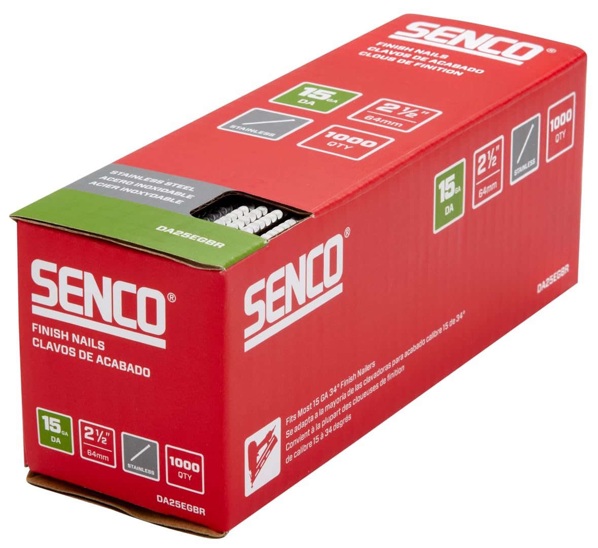 SENCO DA25EGBR 34 Degree Collated Finish Nails, 15 Gauge, 2-1/2 Inch Length, SAE 304 Stainless Steel, 1,000 Count Pack