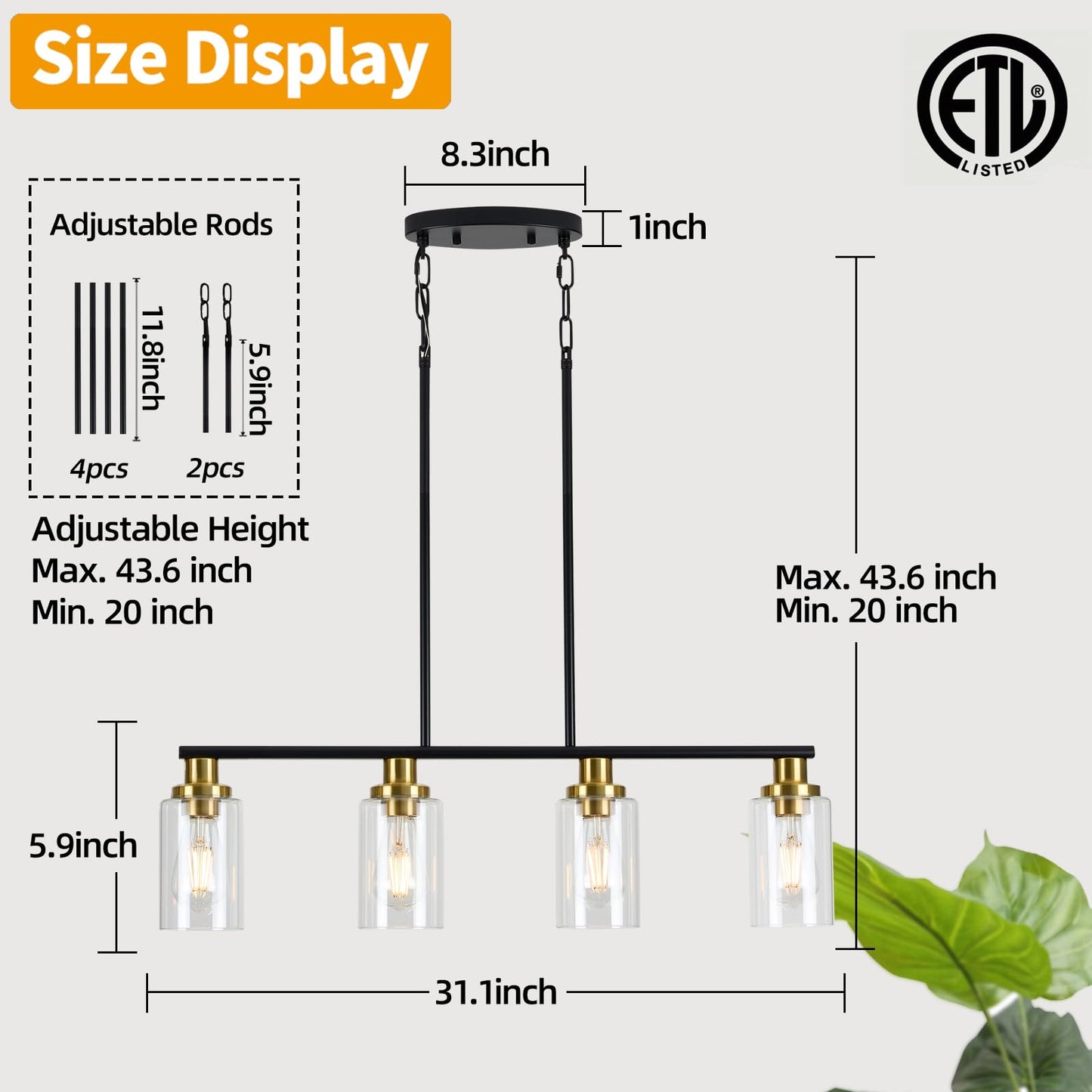 KPIOK Island Lights for Kitchen, 4-Light Farmhouse Dining Room Light Fixtures Over Table, Matte Black and Gold Linear Chandeliers for Dining Room，Industrial Pendant Lighting with Clear Glass Shade