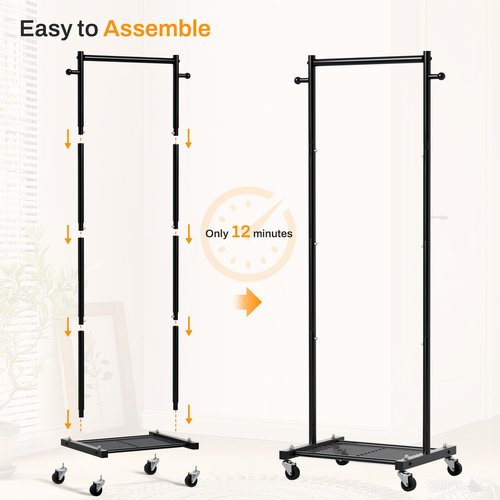 MISSLO Small Clothes Racks for Hanging Clothes Clothing Rack with Wheels 60" Metal Garment Rack with Shelves Portable Rolling Wardrobe Rack for Small Space, Black