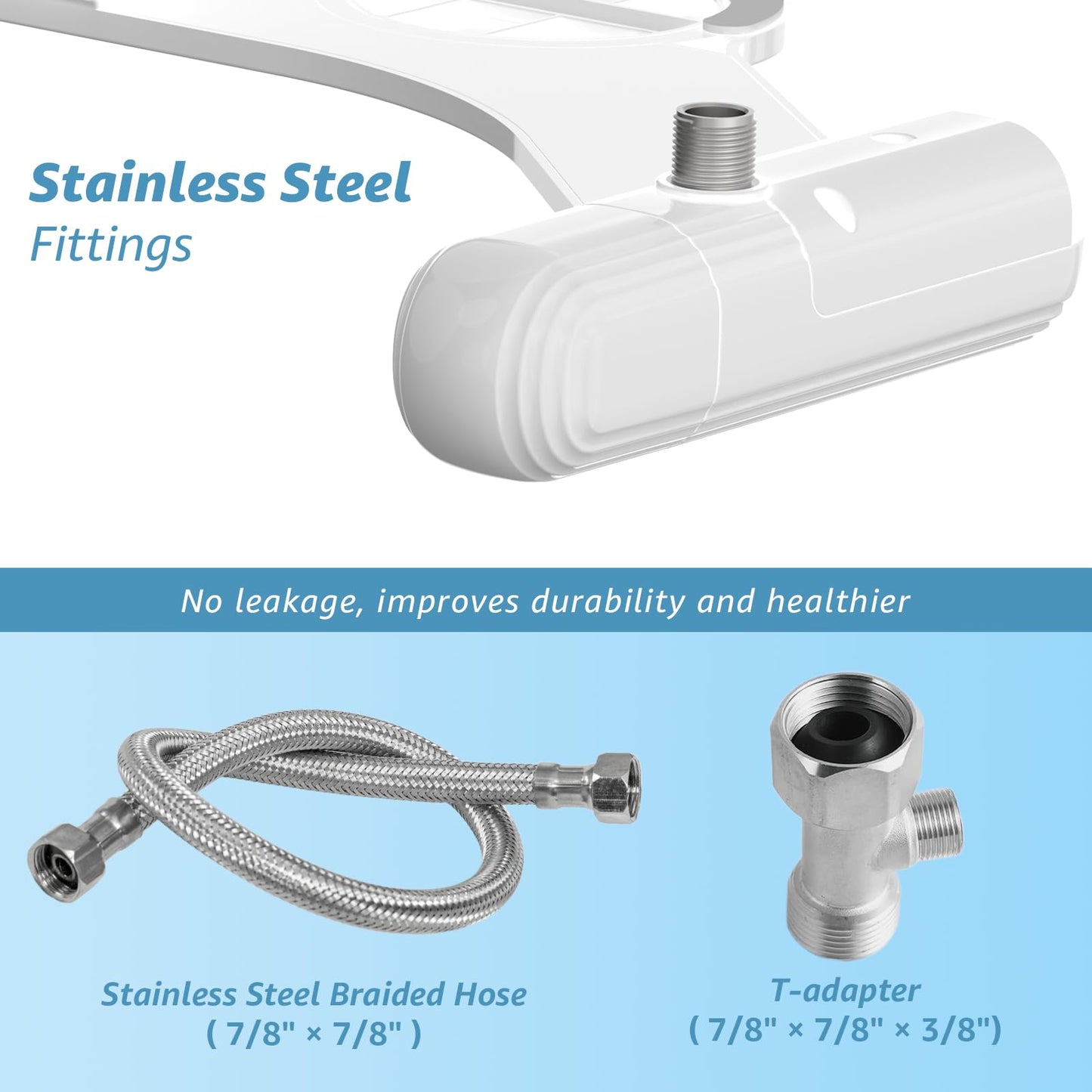 Huttdmel Ultra-Slim Bidet Attachment for Toilet, Non-Electric Dual Nozzle (Rear & Feminine Wash), Adjustable Fresh Cold Water Pressure, Stainless Steel Inlet, Easy to Install(Blue & White)